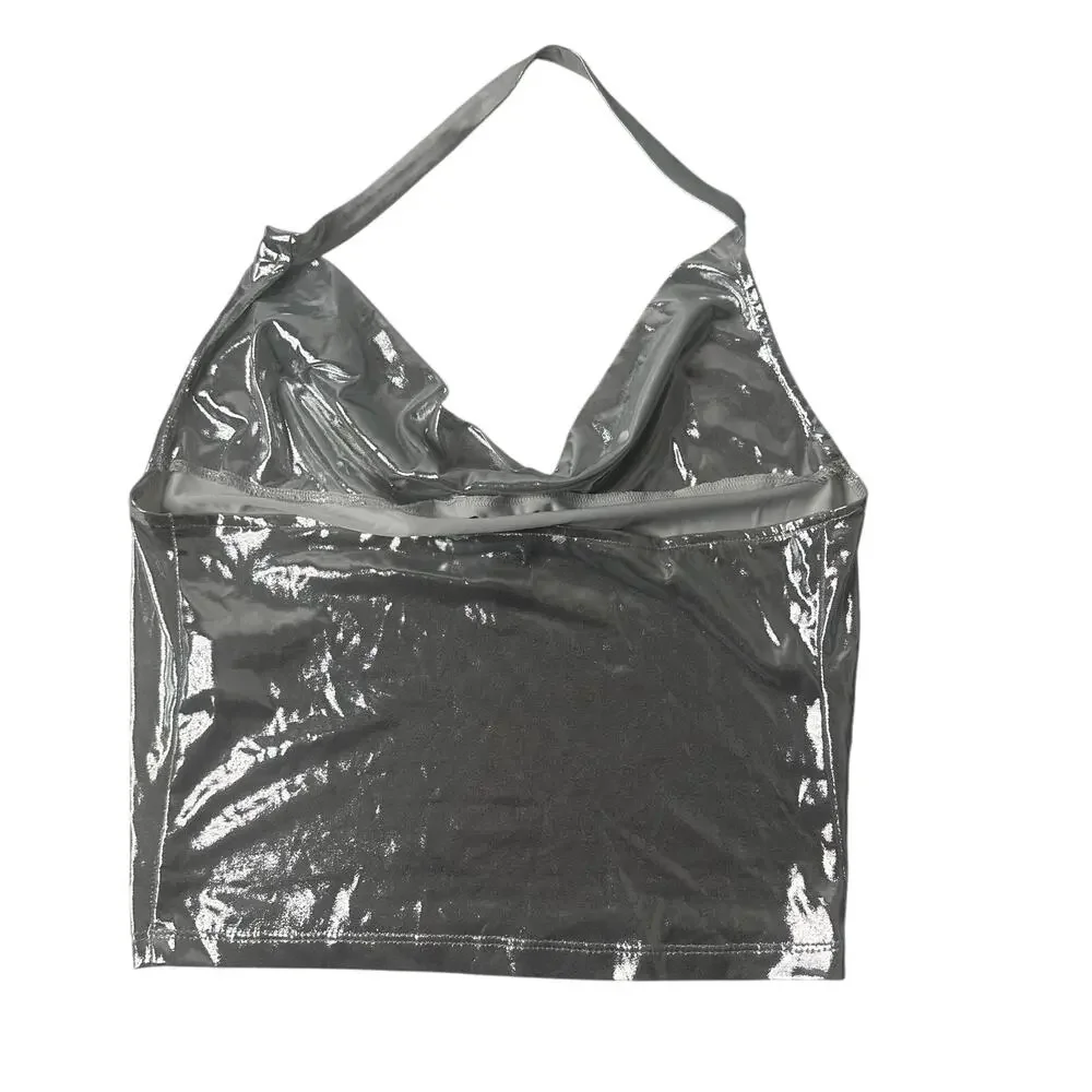 Y2K Silver Metallic Halter Cowl Neck Top Liquid Shine Going Out Party - Picture 8 of 14